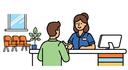 Patient interacting with receptionist at medical office desk