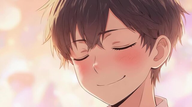 A charming close-up of a cute anime boy blushing deeply. His shy expression, averted gaze, and awkward smile perfectly capture a sweet, romantic moment. Soft, warm lighting enhances the mood.