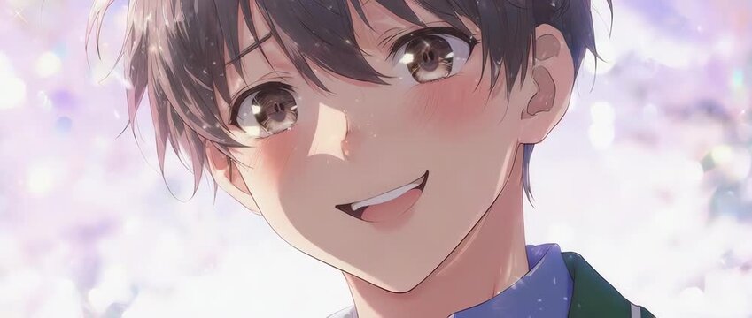 A charming close-up of a cute anime boy blushing deeply. His shy expression, averted gaze, and awkward smile perfectly capture a sweet, romantic moment. Soft, warm lighting enhances the mood.