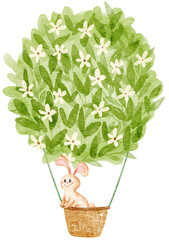 Cute Bunny with Floral Air Balloon. Watercolor illustration for nursery, baby shower.