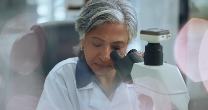 Science, woman and microscope in lab for medical research, DNA experiment or innovation. Scientist, mature person or glasses with bokeh for pharmaceutical development, genetics study or check results