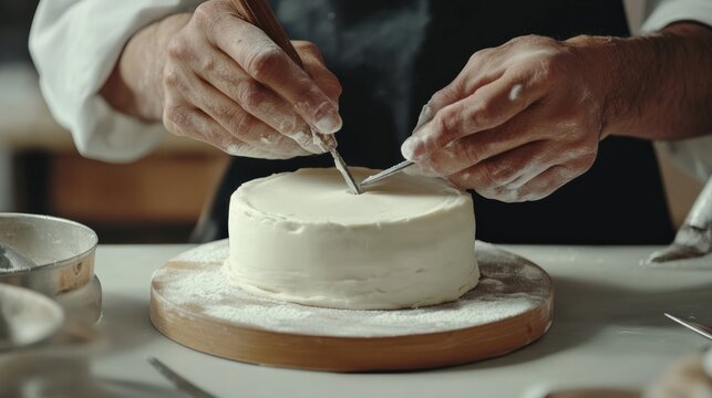 Expert cake decorating techniques in studio food art creation professional environment close-up view culinary crafting