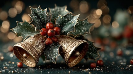 Christmas bells with holly and berries, festive holiday decorations, close-up shot