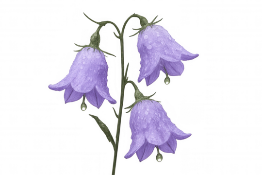 Bellflower illustration on transparent background showing purple campanula blossoms with dew drops - Powered by Adobe
