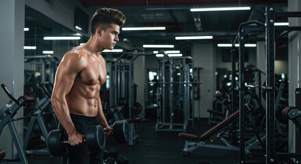 Athletic man with muscular physique holding dumbbells, ready to exercise in a gym. Fitness and bodybuilding concept for healthy lifestyle.