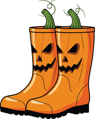A pair of orange rain boots designed as jack-o'-lanterns, complete with carved faces and green pumpkin stems poking out of the top.