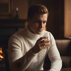 Pensive man in a white turtleneck drinking whiskey