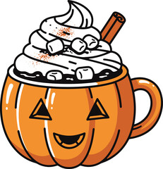 A cute cartoon jack-o'-lantern shaped mug filled with a hot beverage, topped with whipped cream, mini marshmallows, cinnamon powder, and a cinnamon stick.