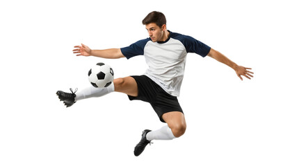 Soccer Player Jumping to Kick Ball in Action Pose on White Background, Sports Photography, Studio View