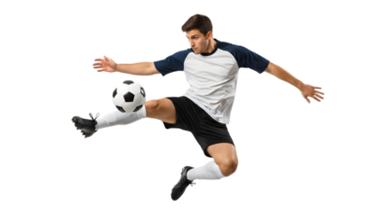 Soccer Player Jumping to Kick Ball in Action Pose on White Background, Sports Photography, Studio View