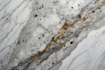 Luxurious white abstract marble texture with diagonal streaks of speckled grey and bold veins of shimmering gold, contrasting with delicate fine grey cracks, suggesting elegance and opulence.