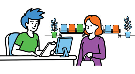 Customer service interaction at a reception desk