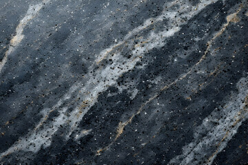Dark, textured abstract background resembling black or charcoal marble, featuring dynamic diagonal veins of swirling white and light grey, heavily speckled with fine black and subtle gold dots.