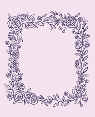 Vintage floral line art square frame. Botanical roses frame.