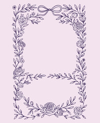 Vintage floral line art rectangle frame. Botanical frame with bow.