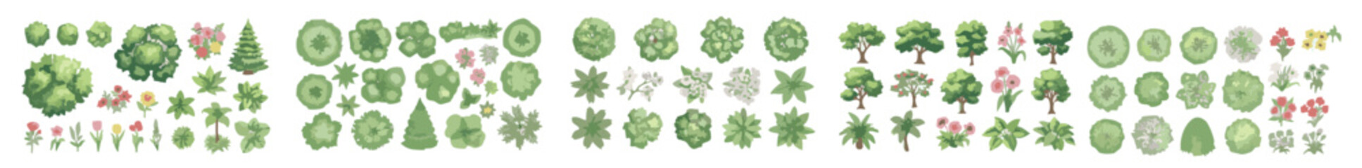 Watercolor style hand drawn top of view tree garden useful for landscape design 