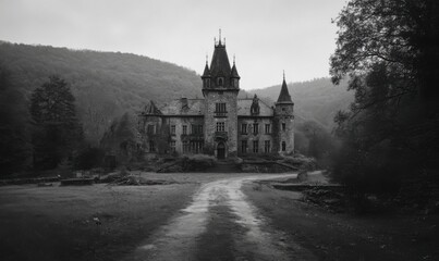 Mysterious Gothic Castle on a Misty Hillside with a Long Road.