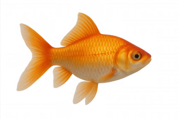 Goldfish swimming, domestic pet animal cut out, looking right with transparent background, orange scales and fins