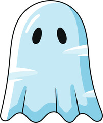 A simple, cute cartoon ghost with a rounded, light blue body, black oval eyes, and subtle transparent details.