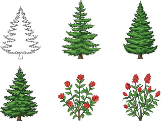 PrintBeautiful evergreen pine trees and red flowering plants illustration, nature botanical design, green foliage vector collection, decorative landscape element, natural artwork