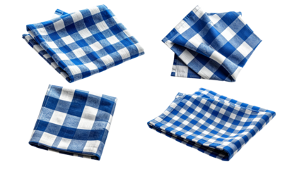 Blue and White Checkered Napkin Set Isolated on a Transparent Background