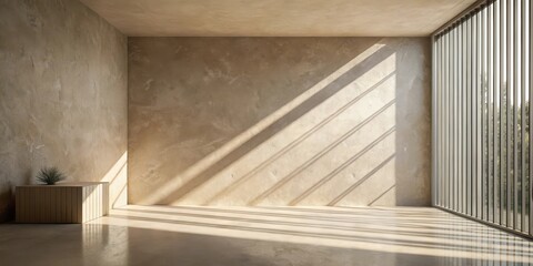 Sunlit Minimalist Interior Room Design with Textured Wall and Wooden Plant Stand