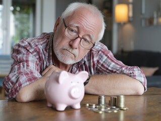 A close-up portrait of a worried and sad senior man with glasses, looking down at a small pink piggy bank and a few scattered coins, symbolizing the financial anxieties and poverty of retirement.