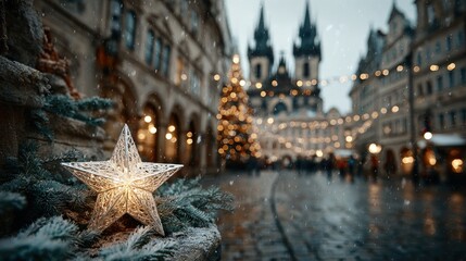 Christmas Star Illuminates Snowy Scene in Prague during the Holiday Season