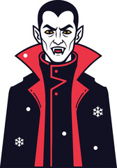A classic, menacing vampire character with sharp fangs and piercing yellow eyes, dressed in a dramatic black coat with a red collar, suitable for Halloween themes, horror illustrations, or gothic desi
