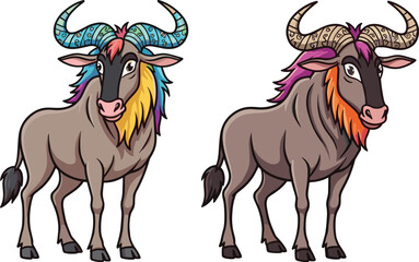 PrintColorful wildebeest cartoon illustration with artistic horns and rainbow mane, creative wildlife design, fantasy animal artwork, exotic nature drawing, decoration