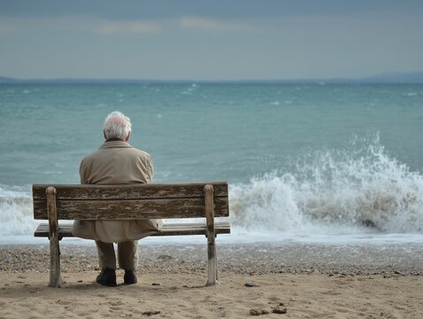 A serene and contemplative scene of a solitary elderly man sitting on a rustic wooden bench on a sandy beach, gazing out at the restless sea under a dramatic, overcast sky. - Powered by Adobe
