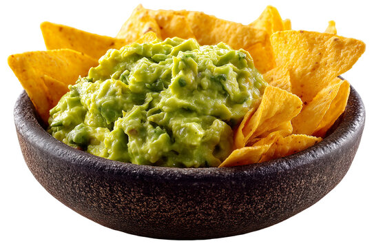 Delicious guacamole with tortilla chips in a bowl ready to eat now isolated on transparent background