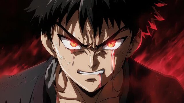 An intense and dramatic extreme close-up of an angry anime boy's face. His fiery eyes, gritted teeth, and sharp shadows convey pure rage. Perfect for action or conflict scenes.