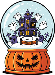 A vibrant Halloween snow globe featuring a purple haunted house, a graveyard with gravestones, four cheerful ghosts, and a 