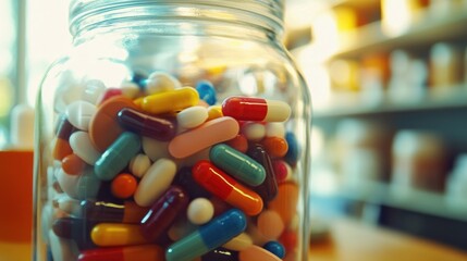 Colorful pills in glass jar, pharmacy background, health care concept
