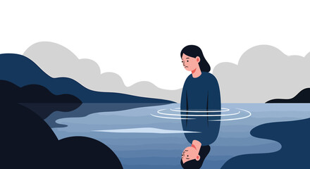 Obraz premium Pensive woman stands at the edge of a tranquil lake, gazing at her reflection in the water, contemplating her inner thoughts and emotions in a serene atmosphere.