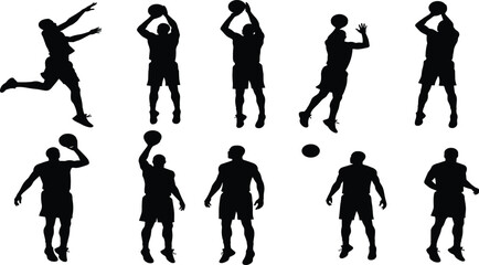 Basketball player silhouette set showing athletic poses for shooting, dribbling, jumping, dunking, training, motion, sports action and technique