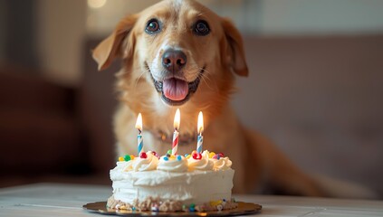 Happy Dog Celebrating Birthday with Cake and Candles