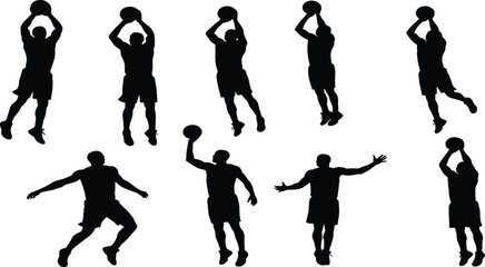Basketball player silhouette set showing dynamic poses for dribbling, shooting, jumping, passing, dunking, sports training and athletic motion