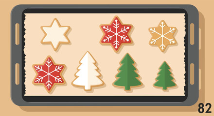 Christmas cookies baking on a sheet pan, decorated with snowflakes and tree shapes for festive holiday treats, creating a cheerful and cozy atmosphere.