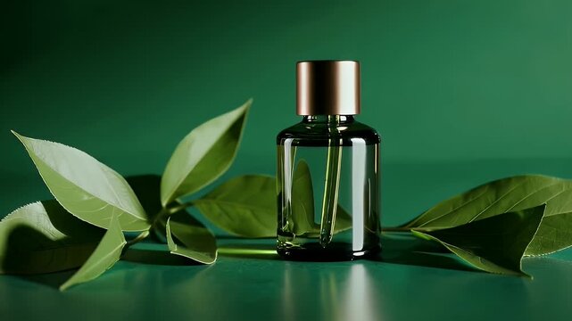 Transparent Glass Bottle with Golden Cap Surrounded by Green Leaves with ai generated
