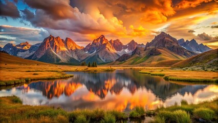 Serene Mountain Lake Reflecting a Fiery Sunset Sky, a Breathtaking Panorama of Nature's Majesty