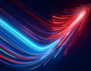 A dynamic abstract image features vibrant streaks of blue and red light, creating an illusion of motion and energy against a dark background. The lines flow and converge, suggesting movement and a sen