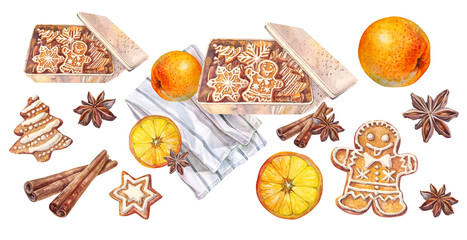 Watercolor set with Christmas tree and gingerbread man and star snowflake in box isolated on white background. Winter New Year dessert with orange. Bakery cookie clipart for wallpaper or wrapping