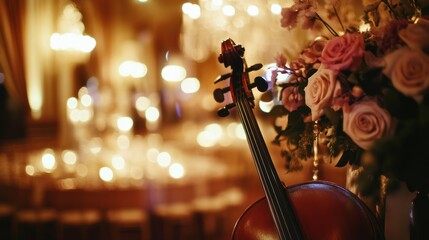 Cello at elegant reception hall with flowers and candles