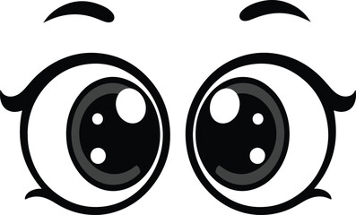 A pair of large, expressive monochrome cartoon eyes with subtle eyelashes and arched eyebrows, conveying a cute or inquisitive look, ideal for character design, emoticons, or black and white illustrat