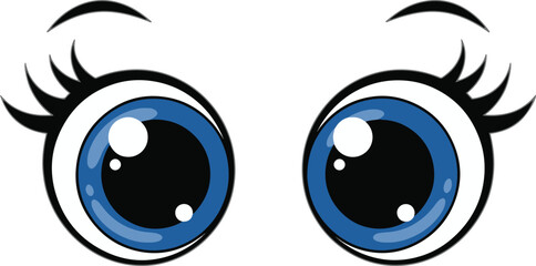 Adorable, wide-eyed blue cartoon eyes with long, feminine lashes and delicate arched eyebrows, perfect for sweet character designs, cute mascots, or charming illustrations.