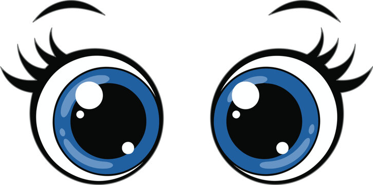 Adorable, wide-eyed blue cartoon eyes with long, feminine lashes and delicate arched eyebrows, perfect for sweet character designs, cute mascots, or charming illustrations.