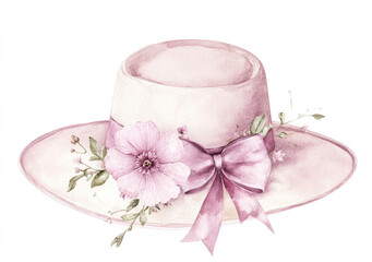 Watercolor, soft pastel pink, cute vintage elegant hat with ribbon and flower clipart, isolated on a white background, with clean edges and high details.

