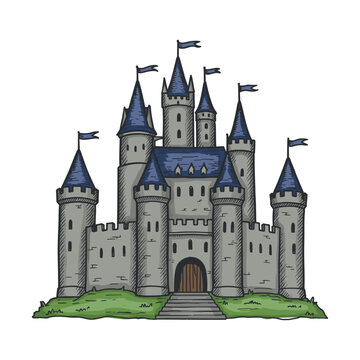 Detailed hand-drawn illustration of a medieval castle with multiple towers and blue pointed roofs, featuring flags atop each spire. Vector illustration